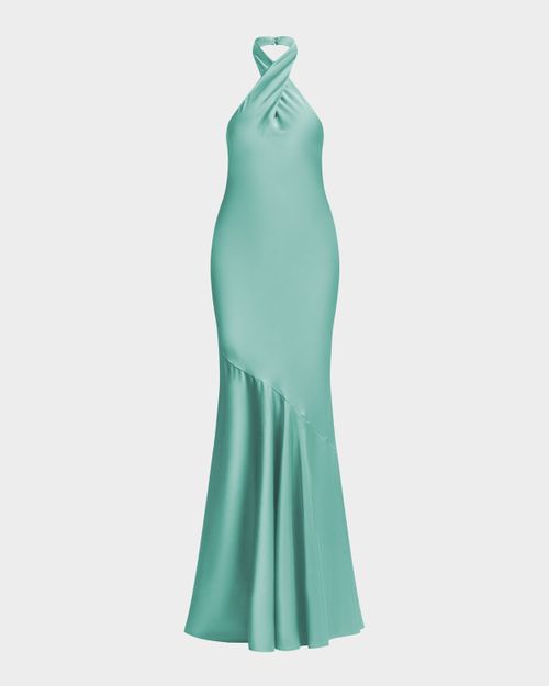 Evelyn Charmeuse Crossover Halter Gown