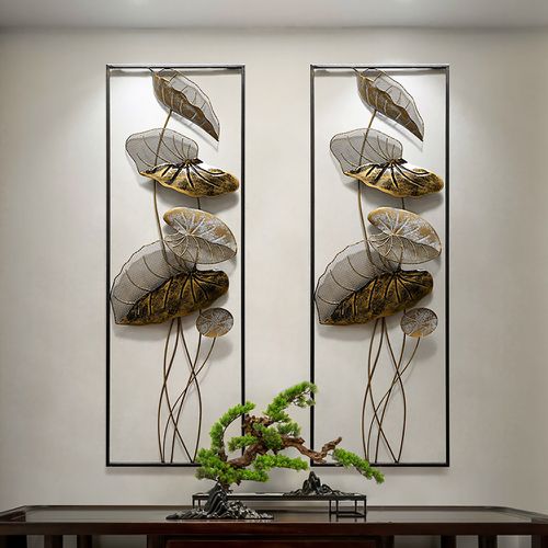 910mm 2 Pieces Metal Lotus Leaves Wall Decor Set for Living Room with Black Frame