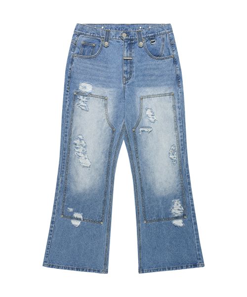 DESTROYED BOOTS CUT DENIM PANTS LIGHT BLUE