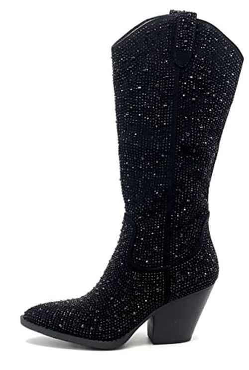 Women's Rhinestone Block Heel Mid Calf Short Ankle Booties Knee High Boots River-11 Black Knee H