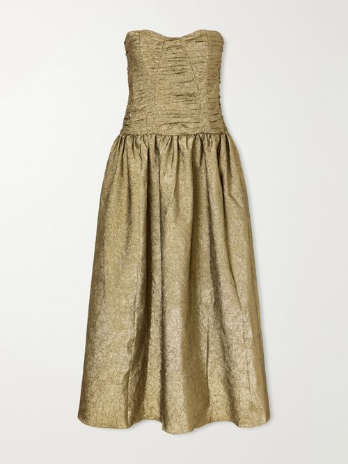 Lumina Strapless Gathered Crinkled Taffeta Midi Dress