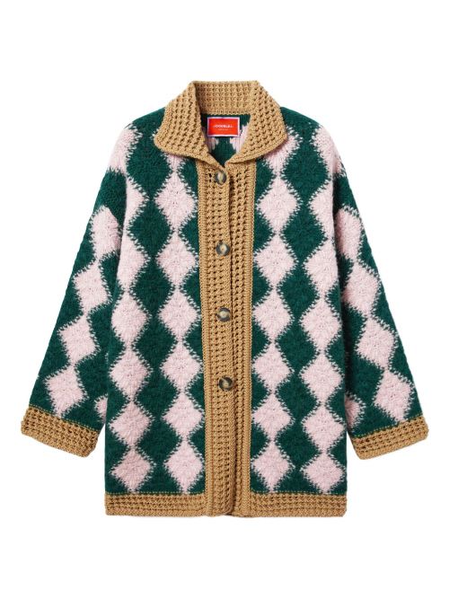 Diamond Jacquard Wool Blend Cardigan — Green