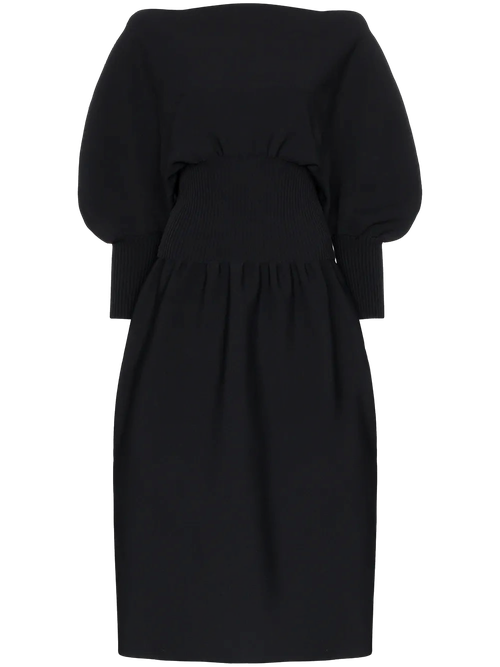 Pouf Sleeve Flared Midi Dress — Black
