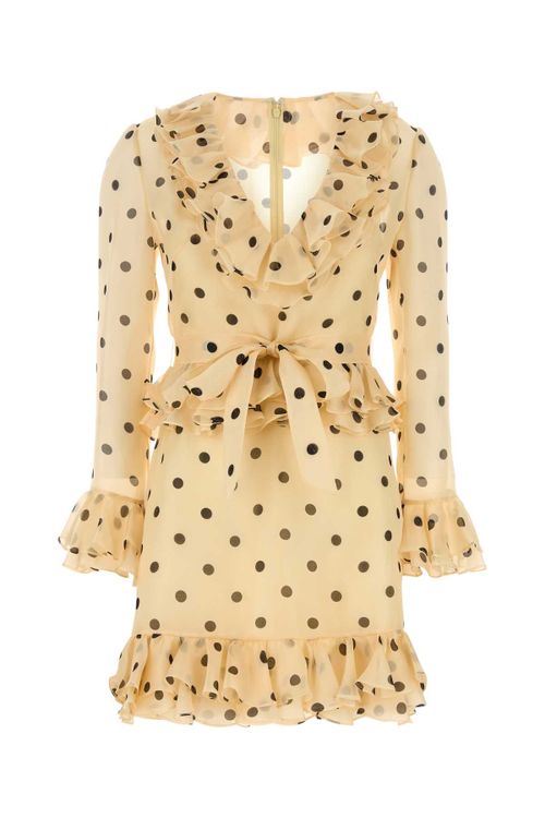 Silk Polka-Dot Ruffled Dress — Beige