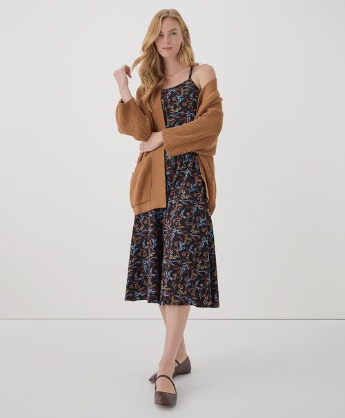 Women's Whimsy Floral Black Fit & Flare Midi Dress RZ