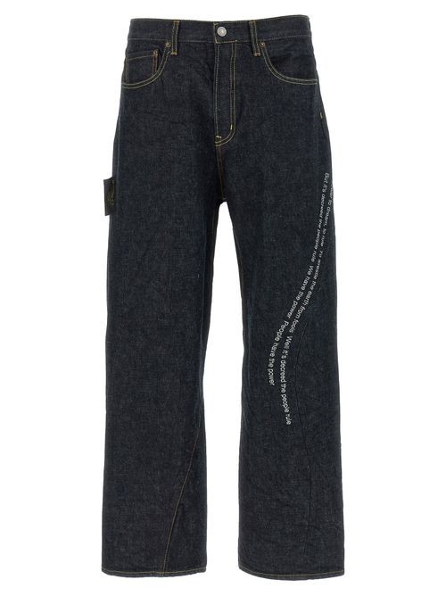 Text-Embroidered Denim Jeans — Blue