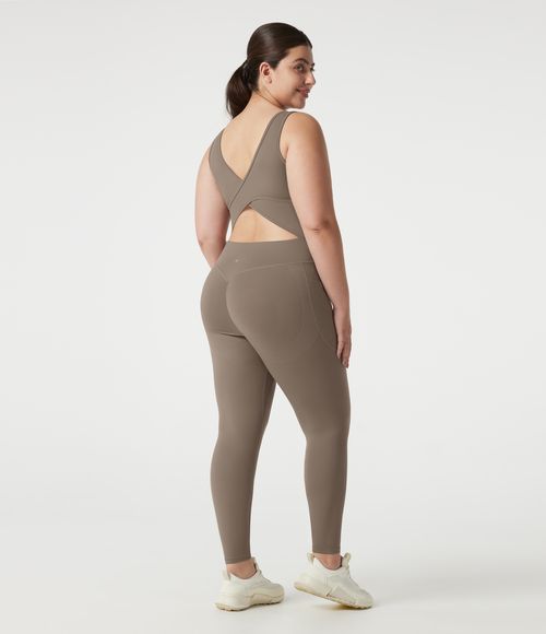 UltraSculpt™ V-neck Crossover Backless Tummy Control Butt Lifting Built-in Bra Workout Plus Size Jumpsuit with Pockets Workout Dress - Dawn Brown