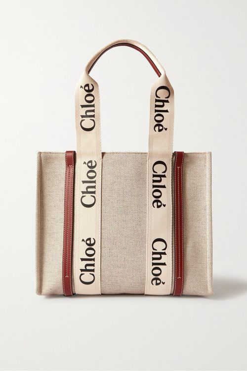 Woody Medium Leather-trimmed Linen-canvas Tote