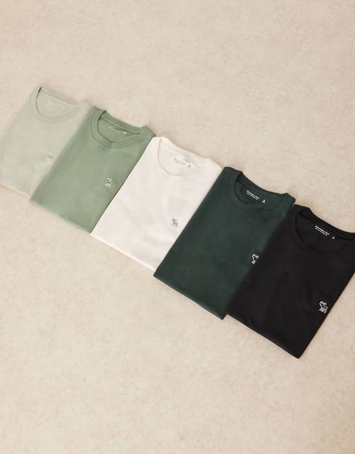 Abercrombie & Fitch 5 pack icon logo t-shirt in black/greens/white-Multi