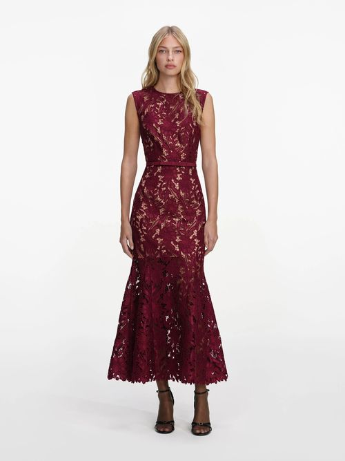 Lace Midi Dress with Removable Belt, Back Zip Closure, Fitted and Flared Silhouette (Model Wears Size 6 UK)