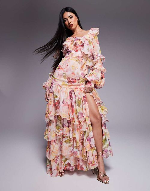 princess polly baby blue dress Flowy A-line Chiffon Asymmetrical Long Sleeve Midi Dress