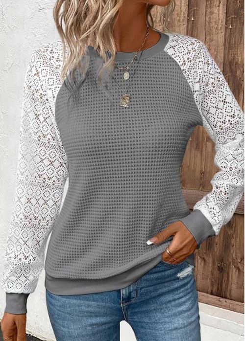 Modlily Dark Grey Patchwork Long Sleeve Round Neck T Shirt