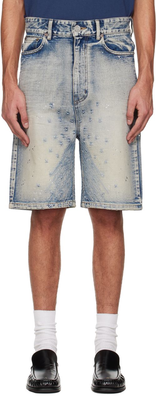 Blue Embroidery Washed Denim Shorts