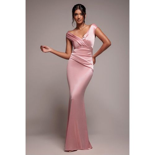 Satin Off The Shoulder Maxi Dress - Pink by Goddiva