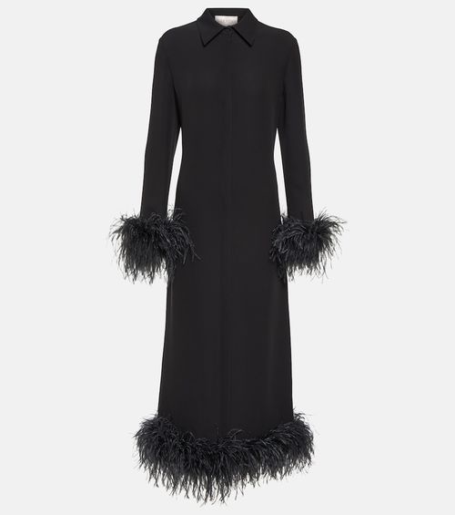Feather-trimmed silk midi dress