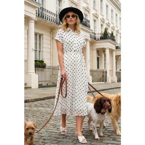 Roman Womens Polka Dot Pleated Shirt Midi Dress - White