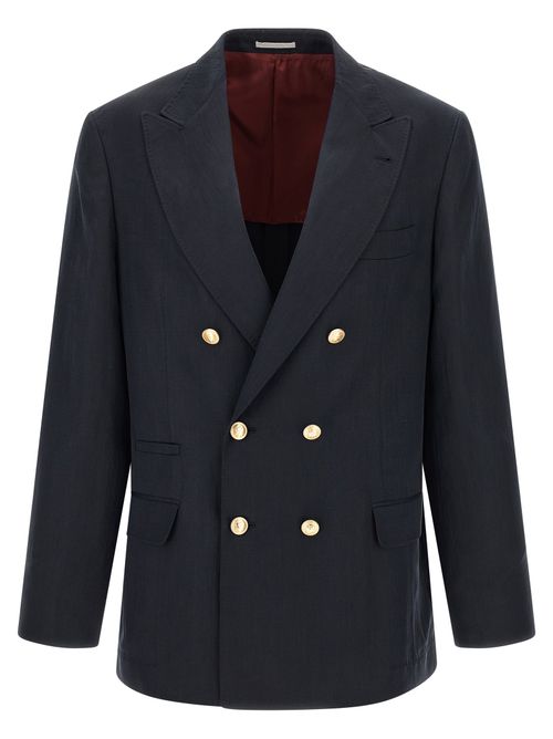 Silk and Linen Double-Breasted Blazer — Blue