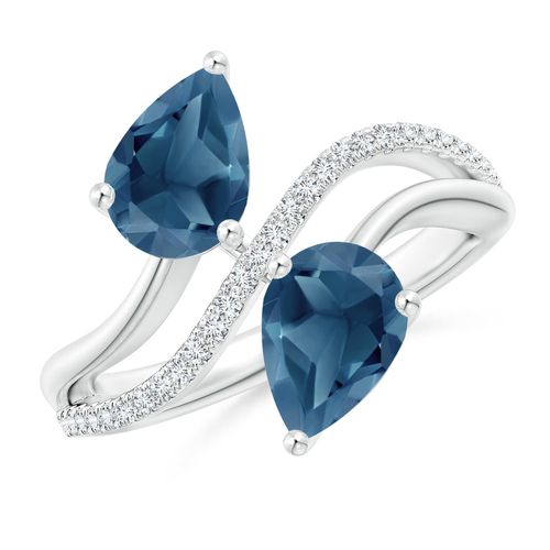 Angara 3.8 Carats Pear-Shaped London Blue Topaz Two-Stone Bypass Ring in Platinum