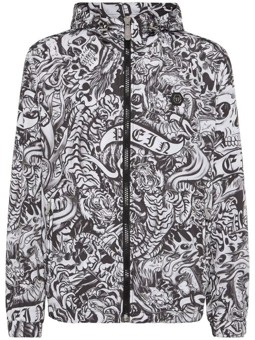 Tattoo-print hooded windbreaker jacket - Black