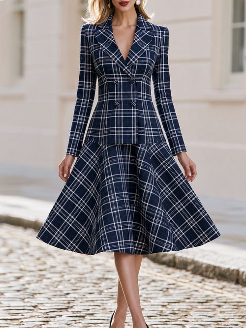 Notched Lapel Double Breasted  Plaid Long Sleeve Fit & Flare Midi Dress - Navy Blue