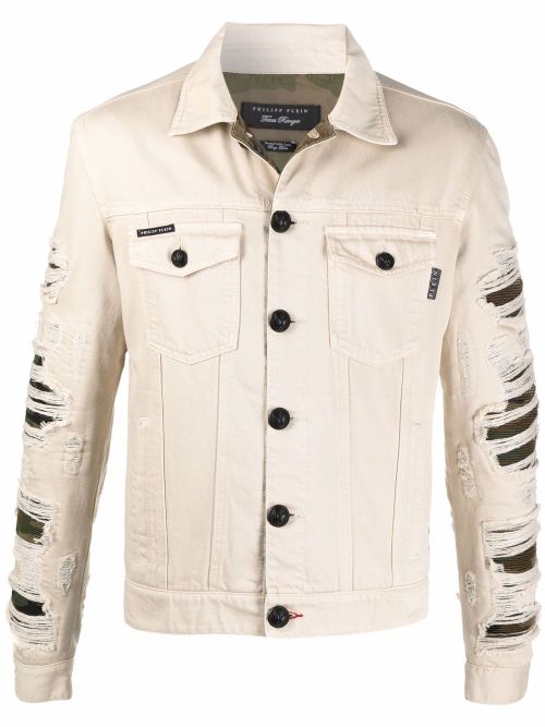 Ripped camouflage denim jacket - Neutrals