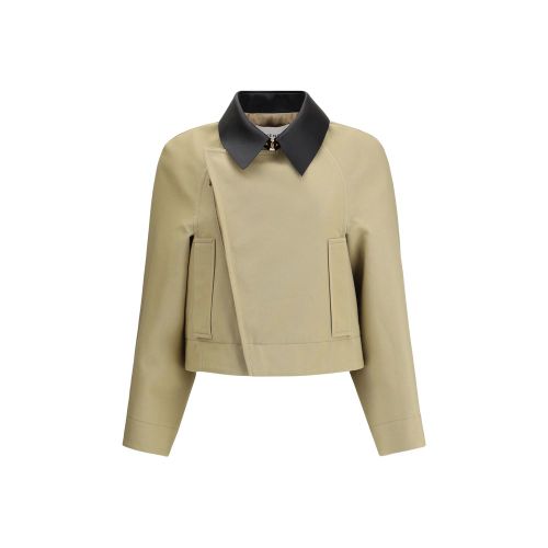 Leather-Collar Cotton and Wool Caban Jacket — Beige