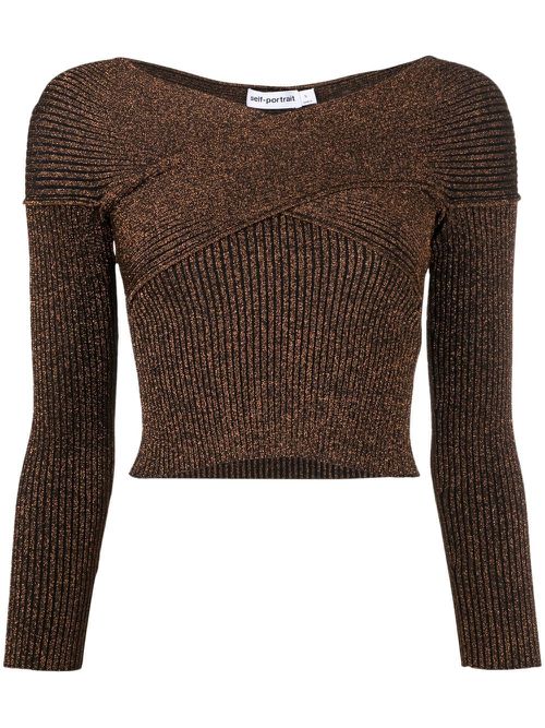 Off-shoulder metallic knitted top - Brown