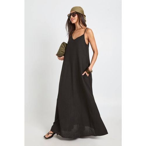 Boohoo Women's Linen Hanky Hem Maxi Dress in Black