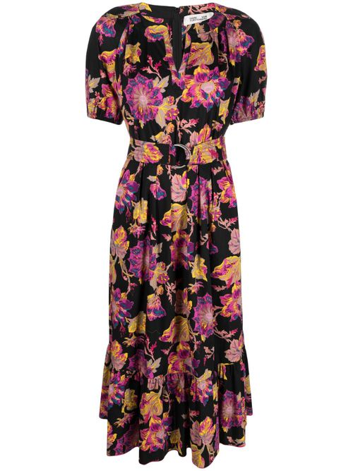 Floral-print belted-waist dress - Black