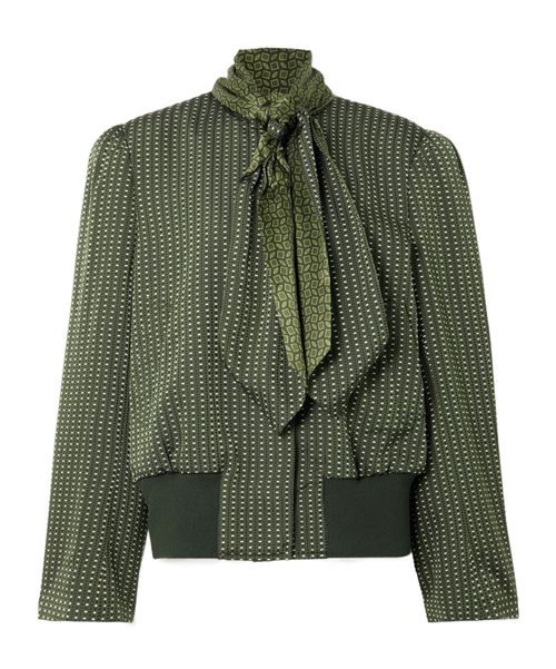 Tie-neck printed satin-trimmed twill bomber jacket