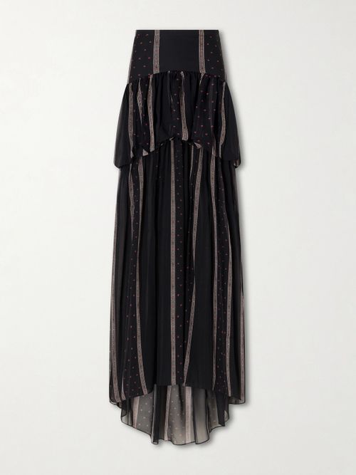 Nina Striped Peplum Silk Maxi Skirt - Black