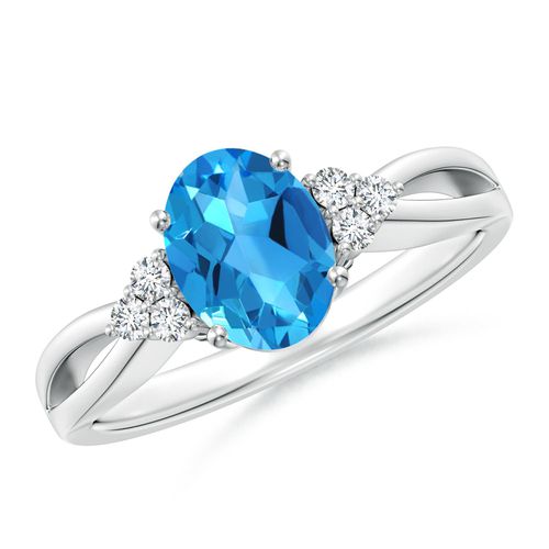 Angara 1.5 Carats Oval Swiss Blue Topaz Split Shank Ring with Trio Diamonds in Silver