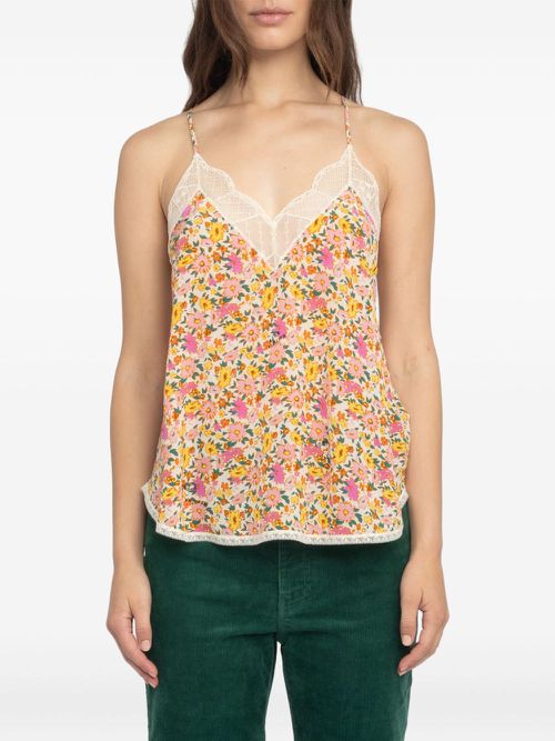Floral-print lace-trim top - Orange