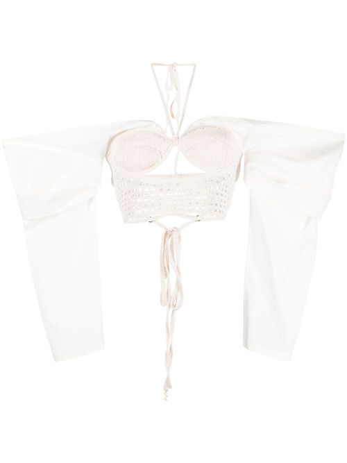Draped-sleeves crochet-knit blouse - Neutrals