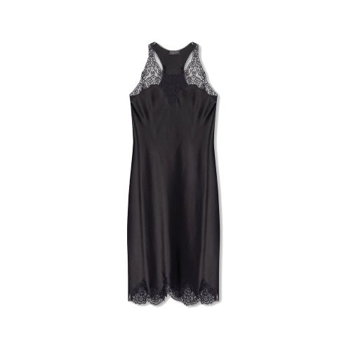 Lace-Trimmed Acetate Dress — Black