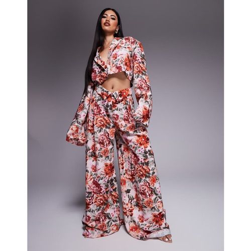 ASOS LUXE Womens co-ord linen look tailored wide leg trouser in tapestry floral print - Pink