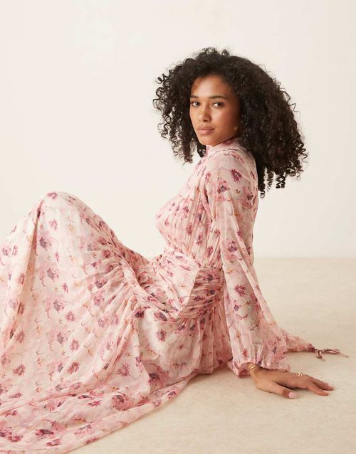 High neck ruched chevron detail maxi dress in pretty floral print-Multi