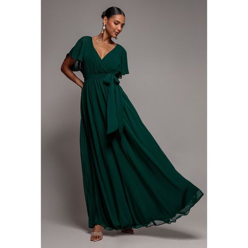 Goddiva Sustainable Chiffon Flutter Sleeve Wrap Maxi Dress - Green