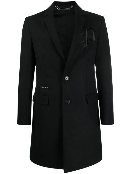 Embroidered-logo single-breasted coat - Black