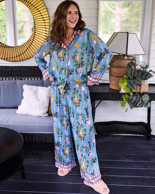 Eco Silky Long Pajama Set in Macrame Mischief | Women's Plus 6X | Blue | Cat Sleepwear