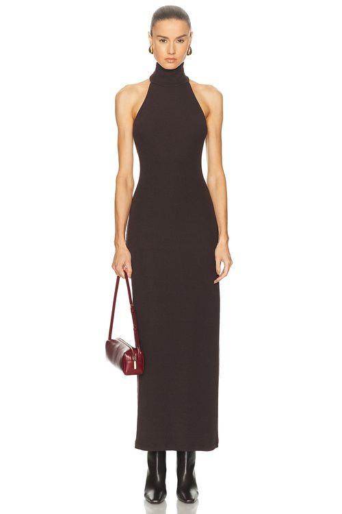 Enza Costa Knit Halter Turtleneck Fluid Dress in Brown