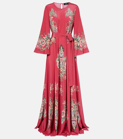 Belted printed silk maxi dress