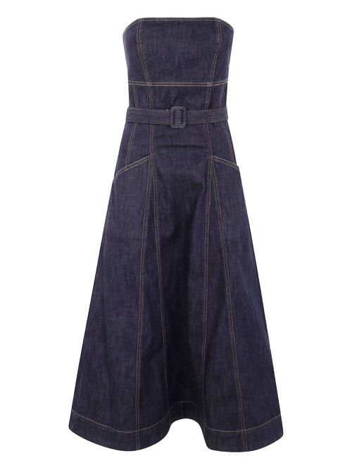Strapless belted denim midi dress - Blue