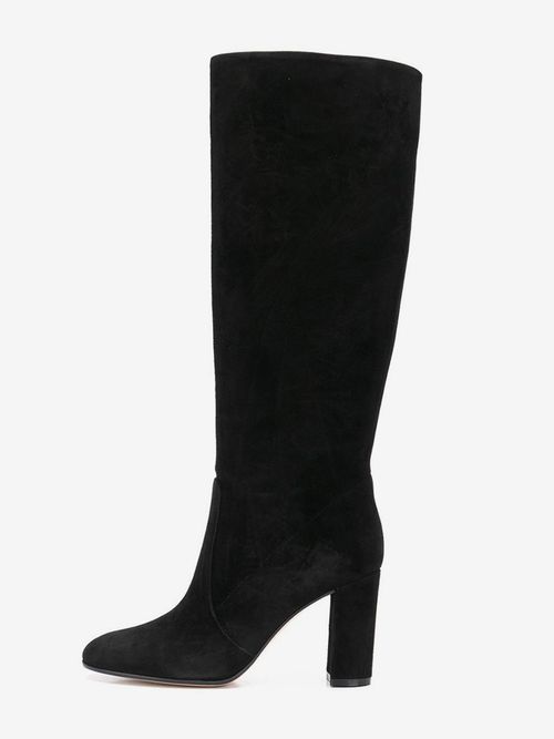 Micro Suede Upper Black Round Toe Chunky Heel Mid Calf Boots For Women Boot