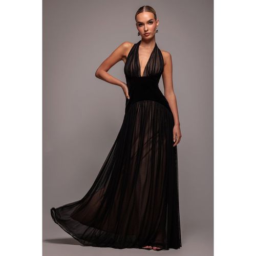 Goddiva Velvet And Dobby Mesh A Line Halter Maxi Dress - Black