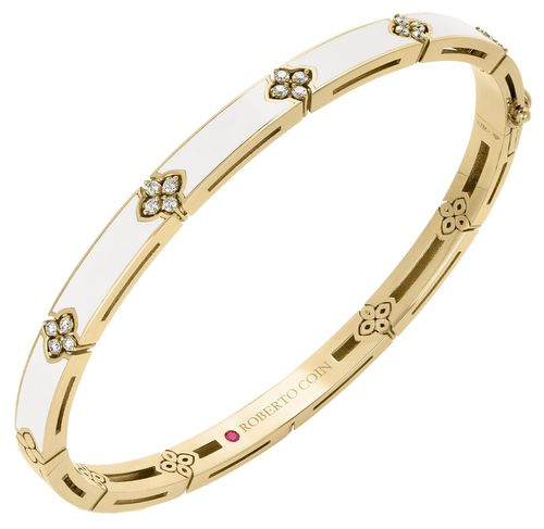 Love in Verona Diamond and White Enamel Bangle in 18K Yellow Gold