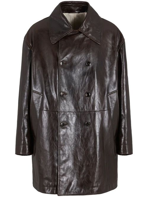 Leather double-breasted coat - Brown