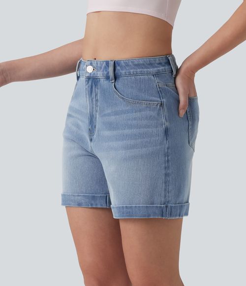 Flex™ Mid Rise Rolled Hem Denim Casual Shorts 5'' with Pockets  - Crushed Ice Blue Denim
