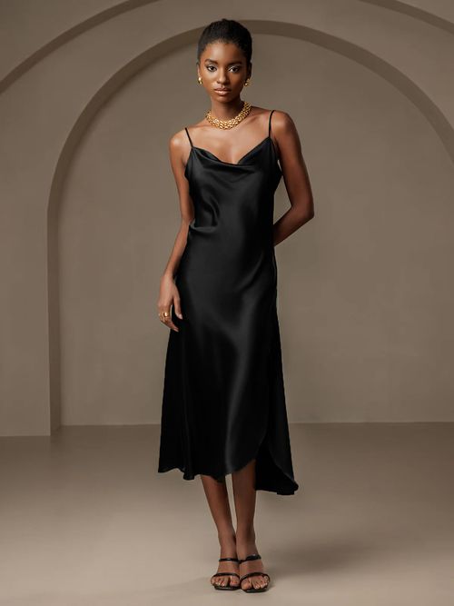 Pure Silk Spaghetti Strap Slit Long Dress