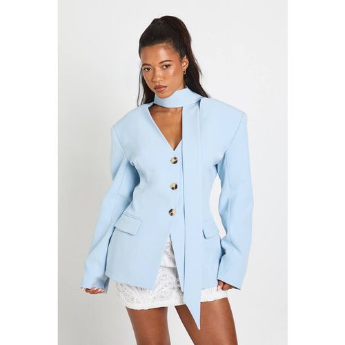 Boohoo Women's Scarf Detail Cinched Blazer in Baby Blue